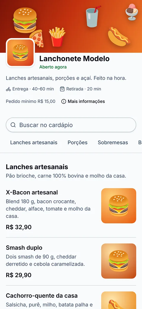 Cardápio no celular do cliente: fotos, preços e categorias